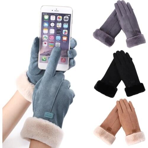 Women Winter Faux Suede Touch Screen Gloves Thermal Warm Plush Lined Cold Weather Windproof Driving Elegant Full Finger Mittens