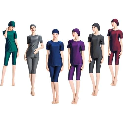 Middle Eastern Womens Conservative Swimsuit Short-sleeve Cropped Trousers Solid Color Womens Beach Split Swimsuit