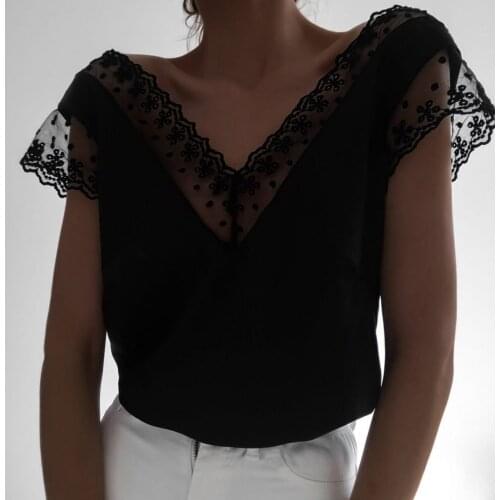 40# Women Lace V Neck Solid Blouse Shirt Sexy Ladies Hollow Out Pullover Tops Blouse Short Sleeve Elegant Blouse Blusas