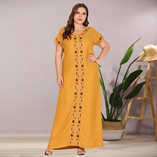 Plus Size Women Sukienki Maxi Long Dress Summer 2020 Fashion Loose Casual Embroidery Beaded O Neck Short Sleeve Arabian Dress