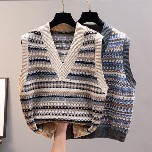 New knitted ladies sweater retro ethnic style loose Korean V-neck vest spring and autumn fashion casual sleeveless top women