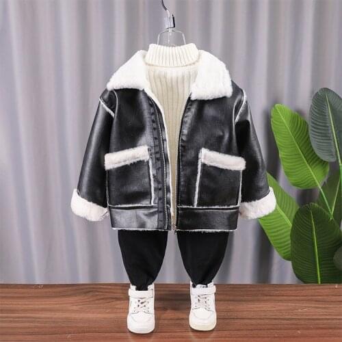 2021 Girl Boy Winter Coat PU Velvet Thick Warm Coats Jackets Big Poket Baby Kid Fashion Leather Jacket Children Clothes for 2-7Y