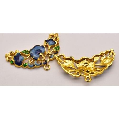 2 Pcs/Lot 46mm*28mm Cloisonne Hollow Flower Pendant 18K Brass Gold Plated Pendants Jewelry Making Accessory Components JA0328