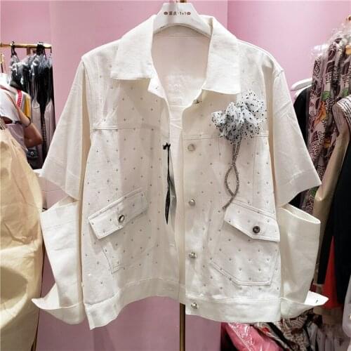 White Pink Denim Jacket for Women Loose-Fitting Shining Diamond Hollow Sleeve Bow Flower Jean Coats Girls Students Spring 2021