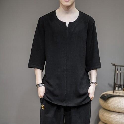Summer Men Cotton Linen Blouse Short Sleeve T Shirt Chinese Traditional Clothes Male Hanfu Tang Suit Streetwear Tees Tops 30406