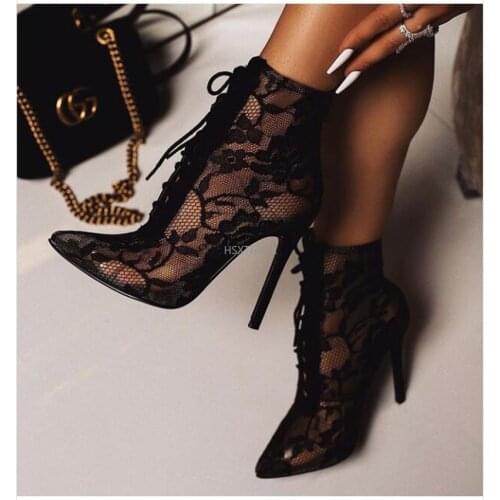 Black Mesh Womens Boots Fashion Pointed Toe Lace-up High Heels Women Transparent Ankle Boots Female Sandals Pumps Dress