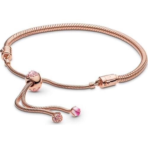 Baofu New Original 925 Sterling Silver Bracelet Rose Pink Peach Flower Adjustable For Ladies Bracelet Snake Chain DIY Jewelry