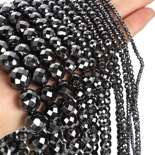 New Faceted Black Hematite Beads Natural Stone Beads Round Loose Beads For Jewelry Making DIY Bracelet Accessories 4-12mm