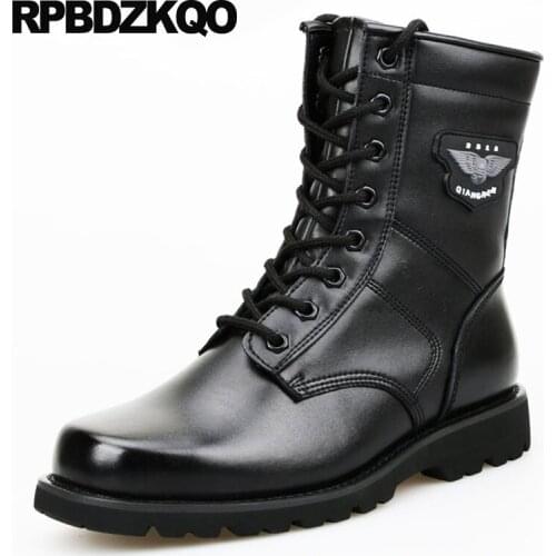 Black Army Shoes Ankle Faux Fur Combat Chelsea Lace Up Genuine Leather Runway Full Grain Mens Winter Boots Warm Male Plus Size