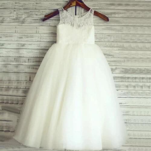 Long Tulle Lace Scoop Flower Girl Dress 2021 Kids Tulle First Communion Dress Baby Girl Birthday Prom Party Gown