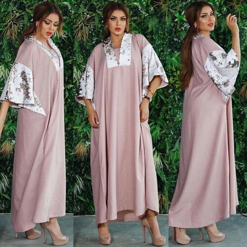 Eid Ramadan Muslim Women Long Dress Sequins Dubai Islamic Clothing Ethnic Arab Abaya Maxi Robe Loose Turkey Kaftan Middle East