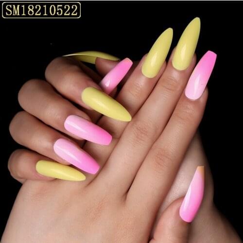 Fake Nails Long Pink Yellow Stitching Wear-Resistant Nail Stickers Finished Nail Stickers 24 Nail Stickers With Glue SK88