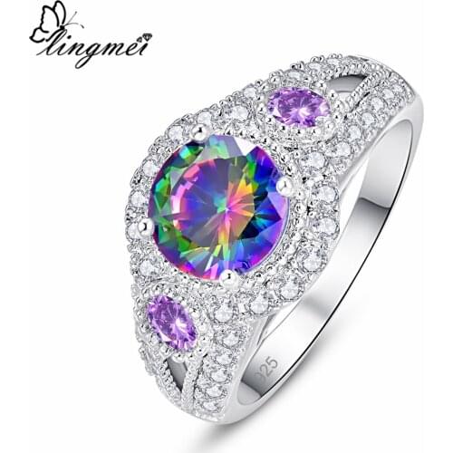 Lingmei Wholesale Wedding Band Bride Zircon Engagement Jewelry Silver Color Ring Size 6 7 8 9 Cocktail Party Birthstone Gifts