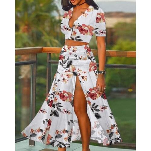 Holiday Casual V Neck Short Sleeve Plain Button Floral Sexy Crop Top High Slit Ruched Women‘s Skirt Sets Summer Two Pieces Suit