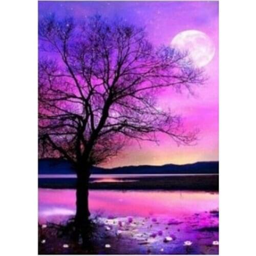 Beautiful Moon Night Scene Decorative Paintings Trees Sunset Cross Stitch Paintings Sunset Wall Poster Sticker Home Decor