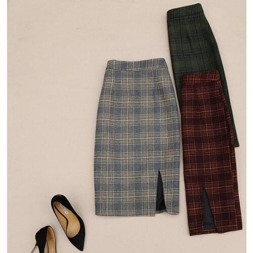 Trendy Korean Style Office Lady Medium Long Plaid Skirt Women Elegant Faux Woolen One Step Skirt High Waist Suit Skirt
