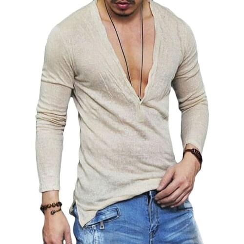 Men T-Shirts Casual Slim Fit Long Sleeve Deep V-neck Sexy Shirt T-shirts Clothing Tops Plus Size