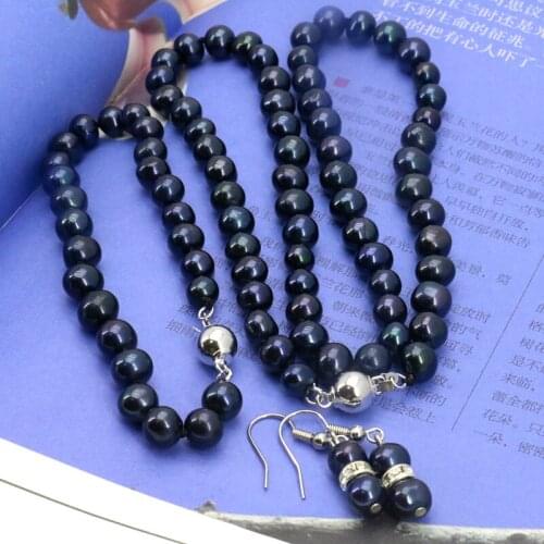 7-8mm Black freshwater pearl necklace bracelet earring set DIY women jewelry making fashion style