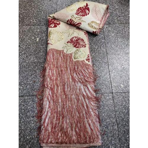 New Red African French Mesh Lace Fabric With Fluffy Feather Nigerian Net Lace Fabric Embroidery Lace For Party Dress HK4889