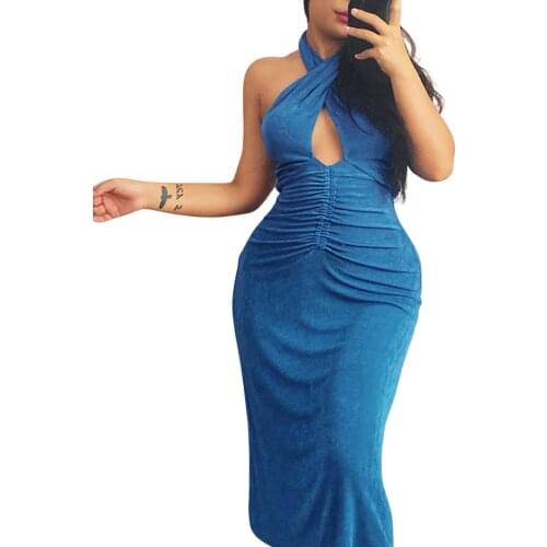 2021 New Women Close-fitting Hollow Out Dress Solid Color Halter Neck Backless Blue/ White/ Black