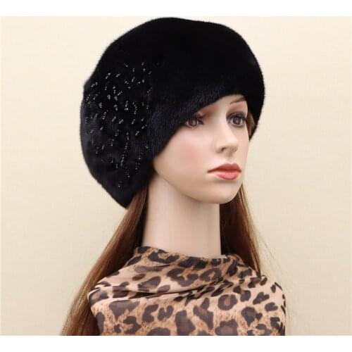 New product whole mink beret hat female whole mink imported leather flashing diamond fashion whole mink beret Korean winter