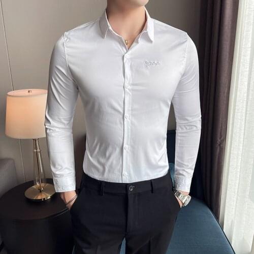 Solid Embroidered Logo Shirts for Men Slim Business Casual Shirt 2021 Autumn Long Sleeve Business Dress Shirt Social Party Tops