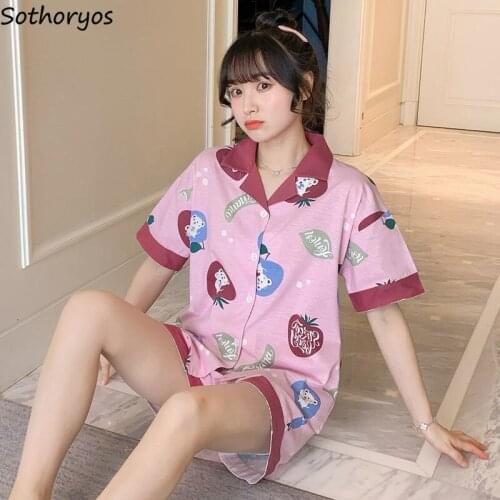 Pajama Sets Women Printed Pocket V-neck Loose Korean Style Drawstring Home-wear Sweet Girls Casual Soft Popular Comfortable Chic