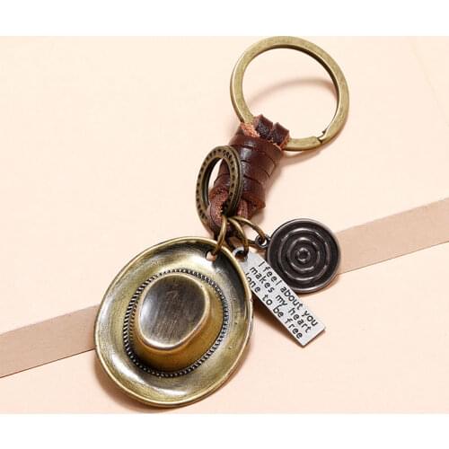 Retro Alloy Cowboy Hat Key Chain Keyring Women Men Handmade Leather Keychain Accessories Bag Charm Best Friends Gift