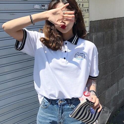 Harajuku polo shirt female Korean cute Japanese letter printing vintage BF loose short-sleeved T-shirt womens fashion shirt