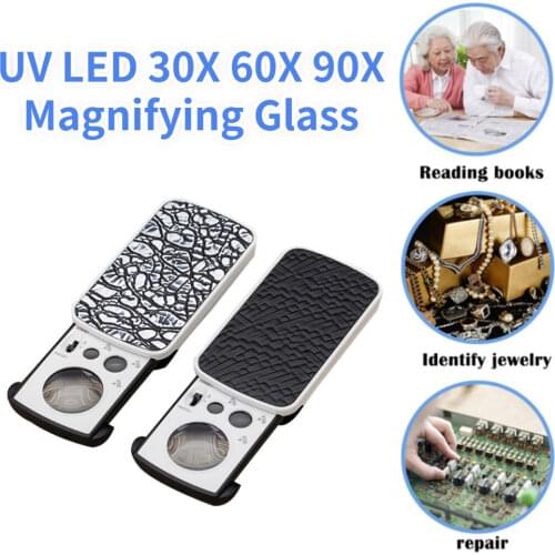 Handheld Magnifying Glass 30X 60X 90X Magnifier Jewelry Appraisal Reading High Magnification Acrylic Optical Len Loupe With LED