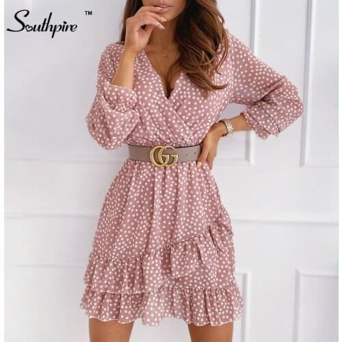 Southpire Sexy V-Neck Pink Polka Dot Mini Dresses For Women 2021 Long Sleeve Ruffle Elegant Party Dress Autumn Female Clothing