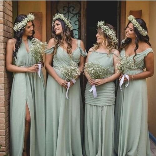 Sage Green Series Bridesmaid Dress A-Line V-Neck Off The Shoulder Side Split Sashes Pleat Floor Length Wedding Party Gowns 2021