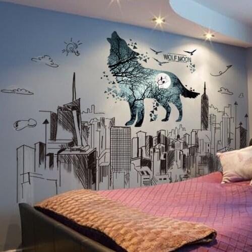[shijuekongjian] Wolf Animal Wall Sticker DIY Tall Buildings Wall Decals for Kids Rooms Living Room House Decoration Accessories