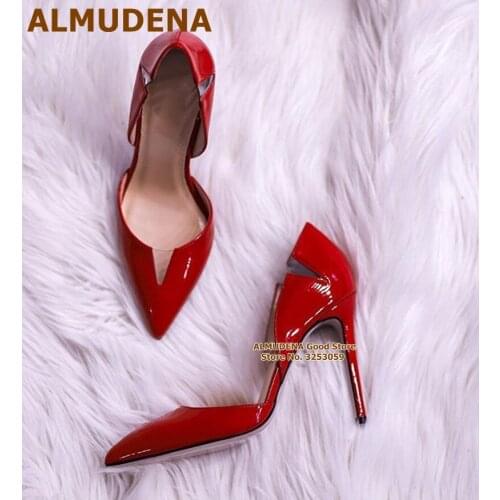 ALMUDENA Patent Leather Clear PVC Patchwork High Heel Shoes V-cut Transparent Decoration Pointed Toe Bride Shoes Slip-on Pumps