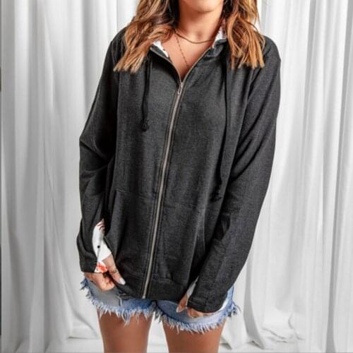 Womens fashion long sleeve zipper Hoodie pull cord print patchwork jacket casual versatile solid color Sweatshirt Jacket
