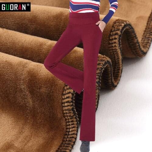 2016 Winter pants women plus velvet warm thicken fleece patchwork office OL wide leg pants flare trousers pantalon femme