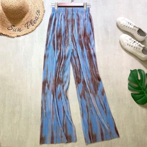 Women Pleated Long Pants Fashion Painting Tie-dye Printing Wide Leg Loose Casual Style High Waist Vintage