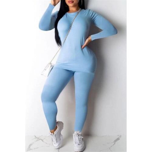 Hot Sale Women 2Pcs Tracksuit Long Sleeve Tight Slim Tops T-shirt Solid Pants Summer Casual Tracksuit Lounge Wear Sets Clothes