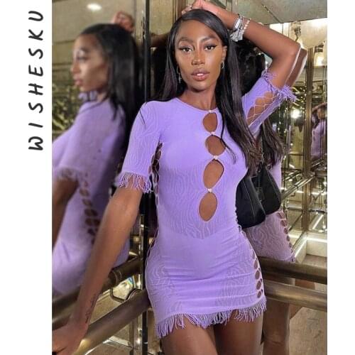 Women Sexy Tassel Lace Mini Dress Hollow Out Mesh Bodycon Dresses 2021 Summer Night Club Party Flocking Fairy Core Fall Clothes