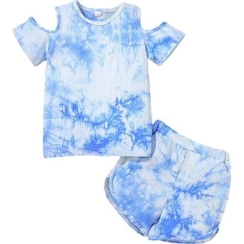 2 Pcs Toddler Baby Girls Ribbed Outfits, Baby Girl Tie-dye Print Cutout Short Sleeve Round Neck T-shirt + Shorts 18M-6T