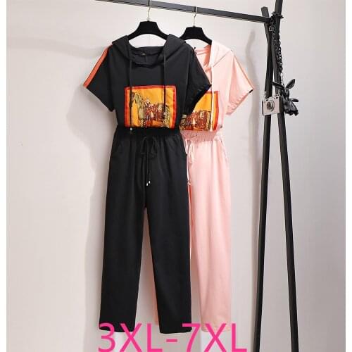 2021 summer plus size sportswear for women loose casual short sleeve T-shirt and long pants sports suit black 4XL 5XL 6XL 7XL