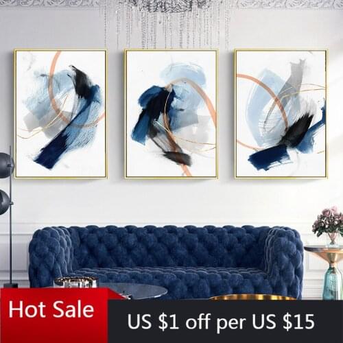 Abstract Hazy Blue Brush Effect Matt Gold Canvas Painting Print Wall Art Decor Picture For Poster Aesthetic Room Decorative