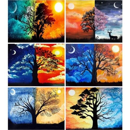 Huacan 5d Diamond Painting Moon Sun Tree Scenery Home Decor Diamond Mosaic Night Daytime Landscape Wall Stickers