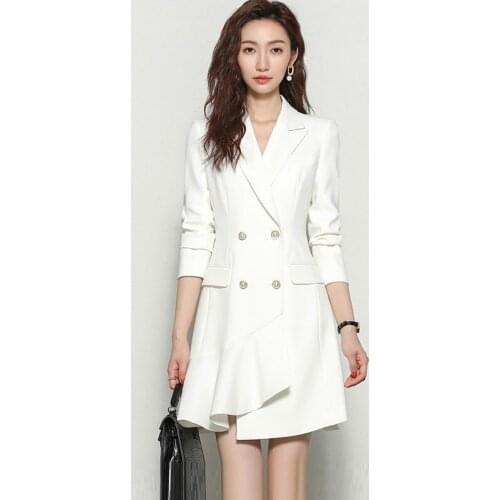 White Business Office Dress Spring Autumn Suit Collar Double Breasted Decorative Belt Simple Elegant Party Dress Women AS524