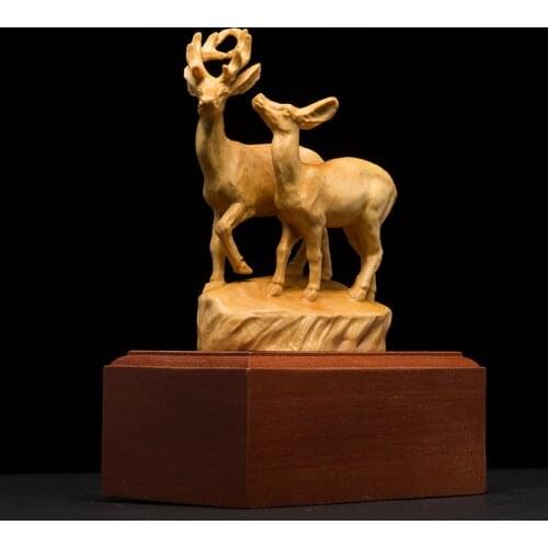 Wood double Deer statue sculpture carved home decoration feng shui gifts elk deer head ornaments decoracion crafts