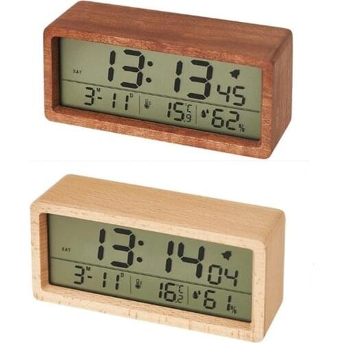 Wood Electronic Alarm Clock Snooze Date Temperature and Humidity With Backlight Digital Clock LED 12/24 Hour Table Clock