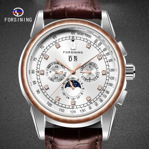 FORSINING Male Watch Original Leather Belt 3 Sub-Dial Wristwatch Top Luxury Mechanical Automatic Tourbilion Moon Sharp Clock