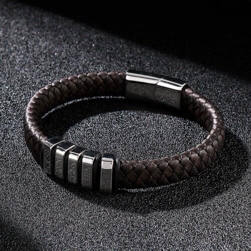 HaoYi Classic Mens Leather Bracelet Stainless Steel Metal Charm Bracelets Fashion Punk Jewelry