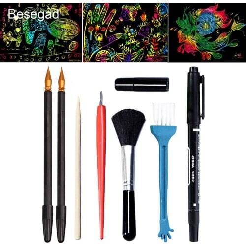 8PCS Scraping Painting Drawing Arts Tools Set with Stick Scrape Pen Brush Repair Fluid for Kids Birthday Christmas Gift
