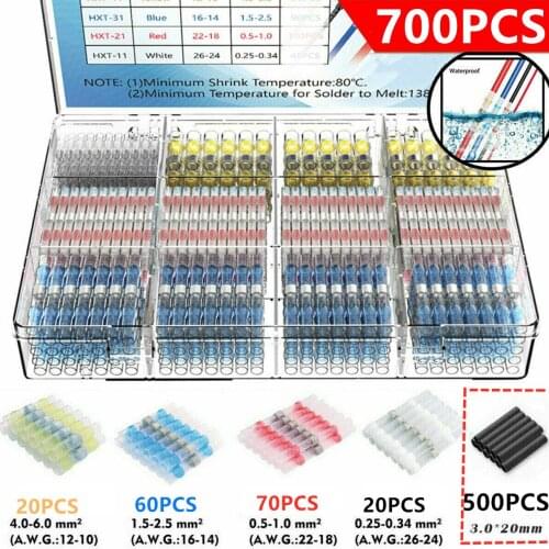 700Pcs Waterproof Heat Shrink Butt Crimp Terminals Solder Seal Electrical Connectors Wire Cable Splice Kit Automotive Marine